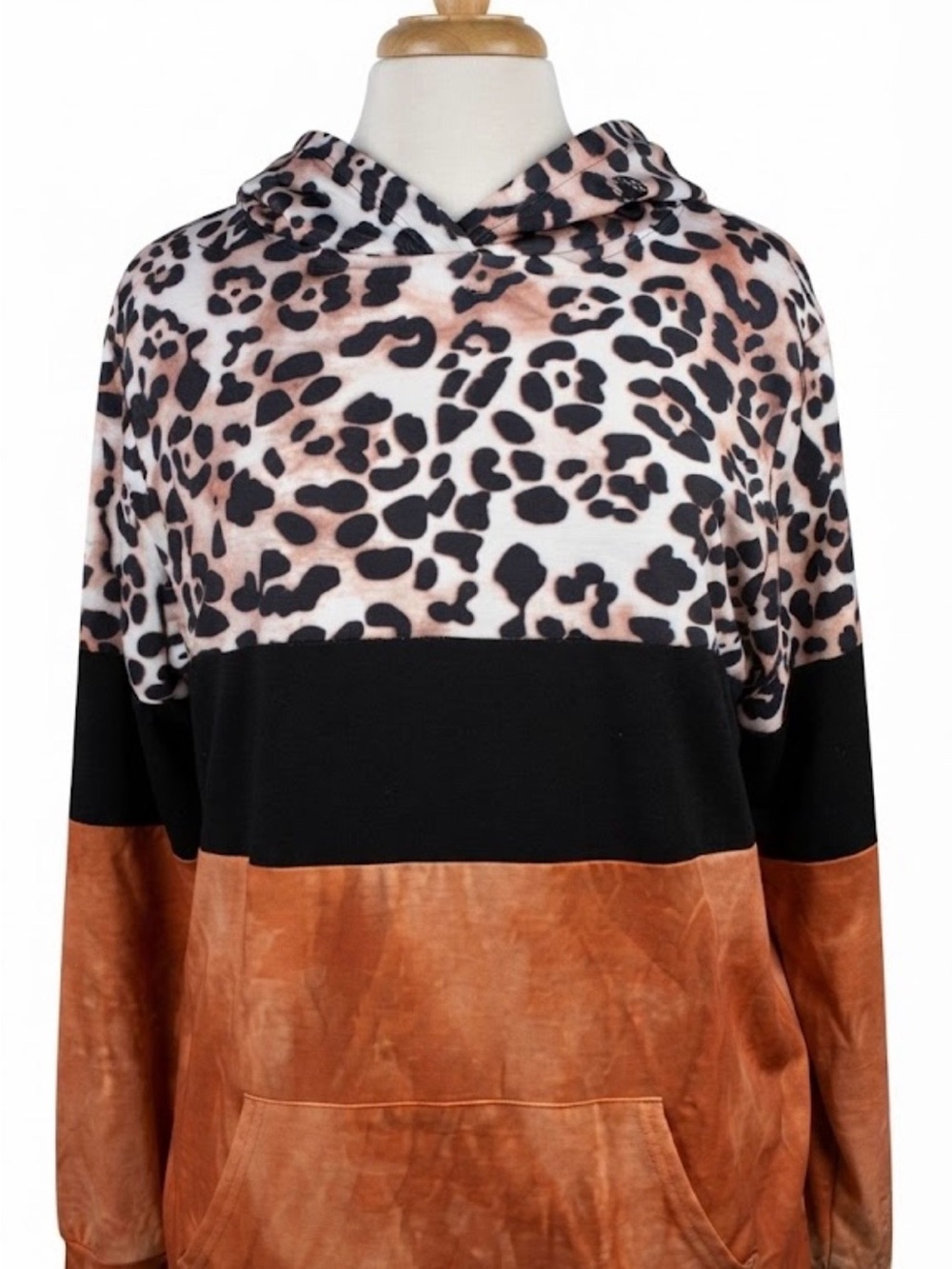Leopard Colorblock Plush Hoodie Sweater - Black,Brown and Rust